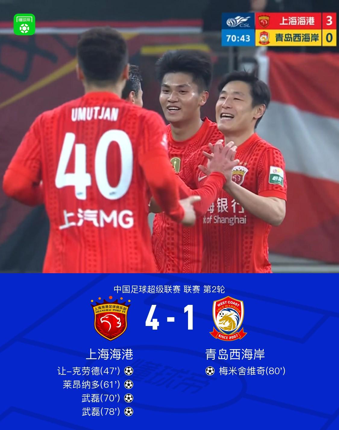 沙巴体育官方-海港4-1西海岸，武磊双响，蒯纪闻送助攻，让-克劳德首球